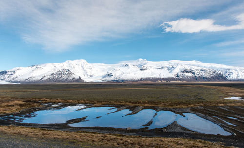 Scenic view of snowcapped mountains against sky