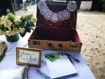 Close-up of text on table