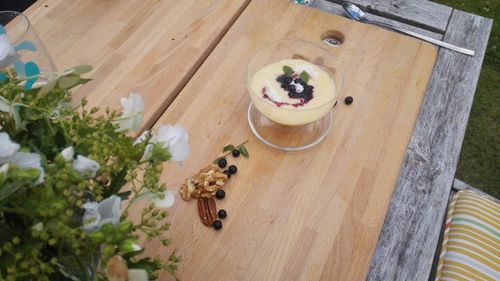 High angle view of dessert on table