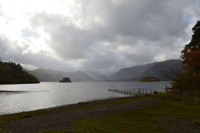 Idyllic shot of lake and mountains against sky