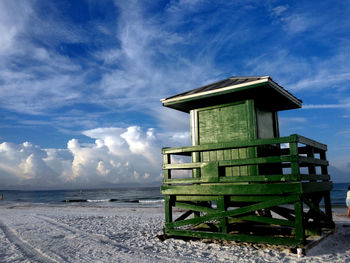 Lifeguard hut on beach against sky