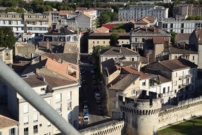 High angle view of houses in town