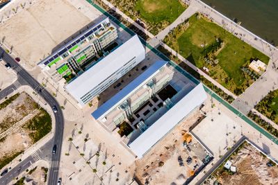 Aerial view of braco da prata industrial area along tagus river in lisbon, portugal.