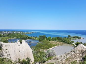 Scenic view of sea against clear blue sky