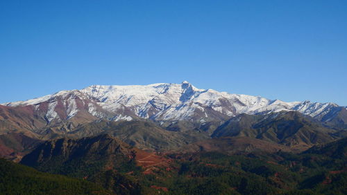 Scenic view of snowcapped mountains against clear blue sky