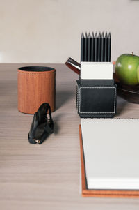 Close-up of various objects on table