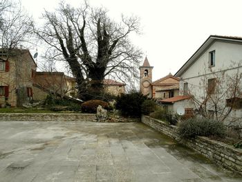 Houses by bare trees against clear sky