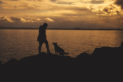 Silhouette man standing at beach against sky during sunset