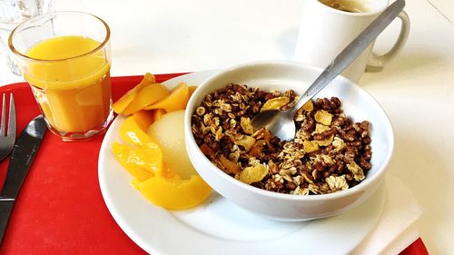 Close-up of breakfast served on table