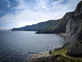 Scenic view of sea and mountains against sky