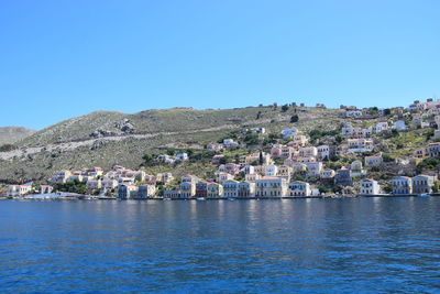 Scenic view of river by town against clear blue sky