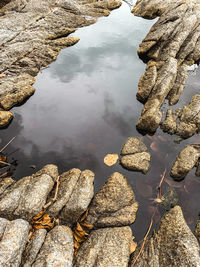 High angle view of rocks in lake