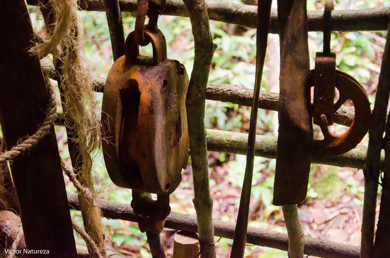 metal, rusty, no people, hanging, lock, close-up, outdoors, day, padlock, oil pump