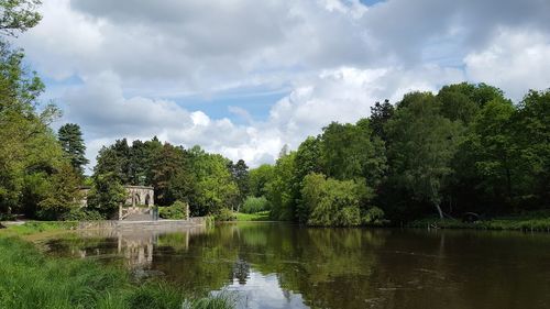 Scenic view of lake and trees against sky