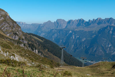 Scenic view of landscape and mountains against clear sky