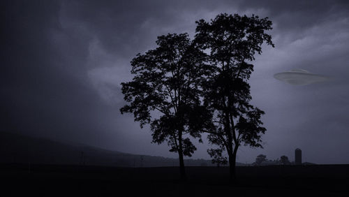 Silhouette tree on field against sky at dusk