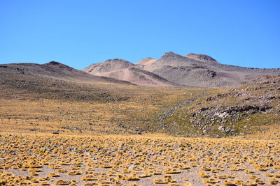 Scenic view of desert against clear blue sky