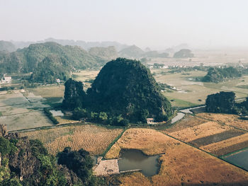 High angle view of field against sky