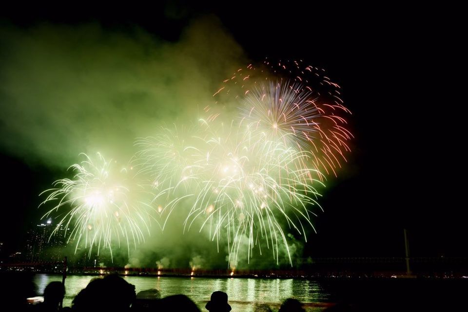 firework, arts culture and entertainment, firework display, motion, illuminated, night, celebration, exploding, water, event, long exposure, nature, firework - man made object, sky, river, smoke - physical structure, blurred motion, glowing, outdoors, light, watching, sparks