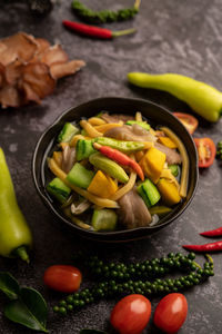 High angle view of vegetables in bowl on table