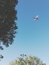 Low angle view of airplane flying against clear blue sky