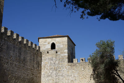 Low angle view of old building against clear blue sky