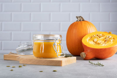 Close-up of pumpkins on table