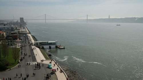 High angle view of suspension bridge over sea