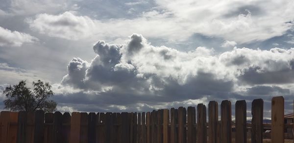 Panoramic view of wooden post against sky