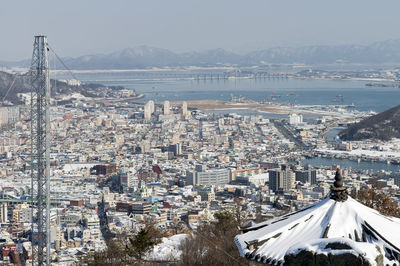 High angle view of buildings in city against sky