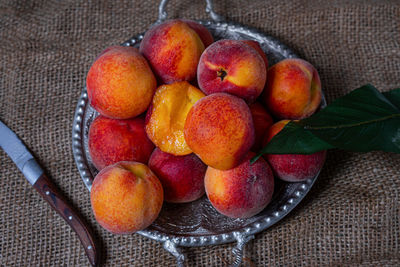 High angle view of fruits in bowl on table