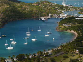 High angle view of boats sailing in sea