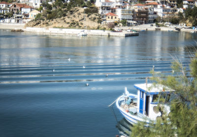 High angle view of ship moored at harbor