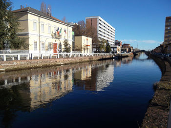 Reflection of city in water against clear sky