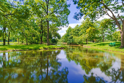 Reflection of trees in lake against sky in park