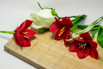 Close-up of red chili peppers on table