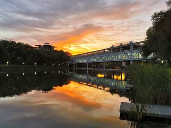 Bridge over river against sky during sunset