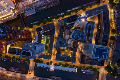 High angle view of illuminated city at night