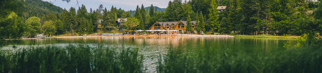 Scenic view of lake by trees and plants against sky