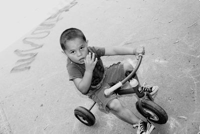 High angle portrait of boy riding tricycle on footpath