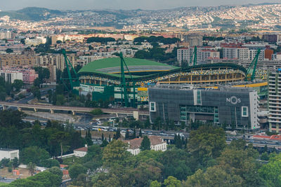 High angle view of buildings in city