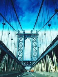 View of suspension bridge against cloudy sky