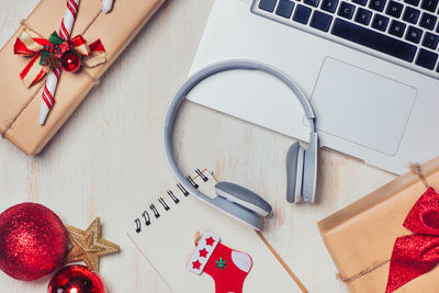 High angle view of christmas decorations on table