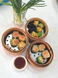 High angle view of meal served on table