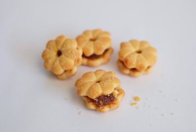 High angle view of cookies in plate on table