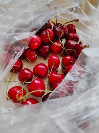 High angle view of cherries in container