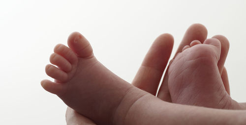 Close-up of human hand over white background