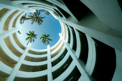 Bottom view multi-story car park building with coconut tree above building in summer. 