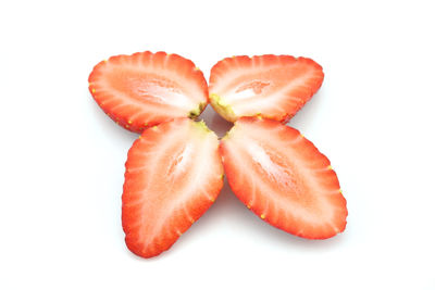 Close-up of orange slices over white background