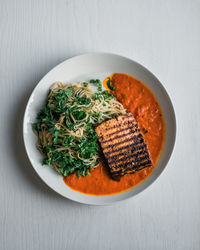 High angle view of food in plate on table